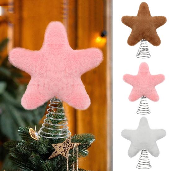 Christmas Tree Topper Plush Star Decoration Xmas Five-Pointed Star Tree Topper with Spring for Holiday Tree Decoration