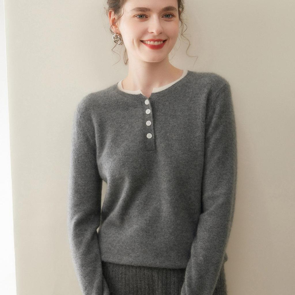 Autumn/Winter 2025 Women's Cashmere Sweater: Round Neck, Button-Up, Loose Fit, Color Block Long Sleeve Knit