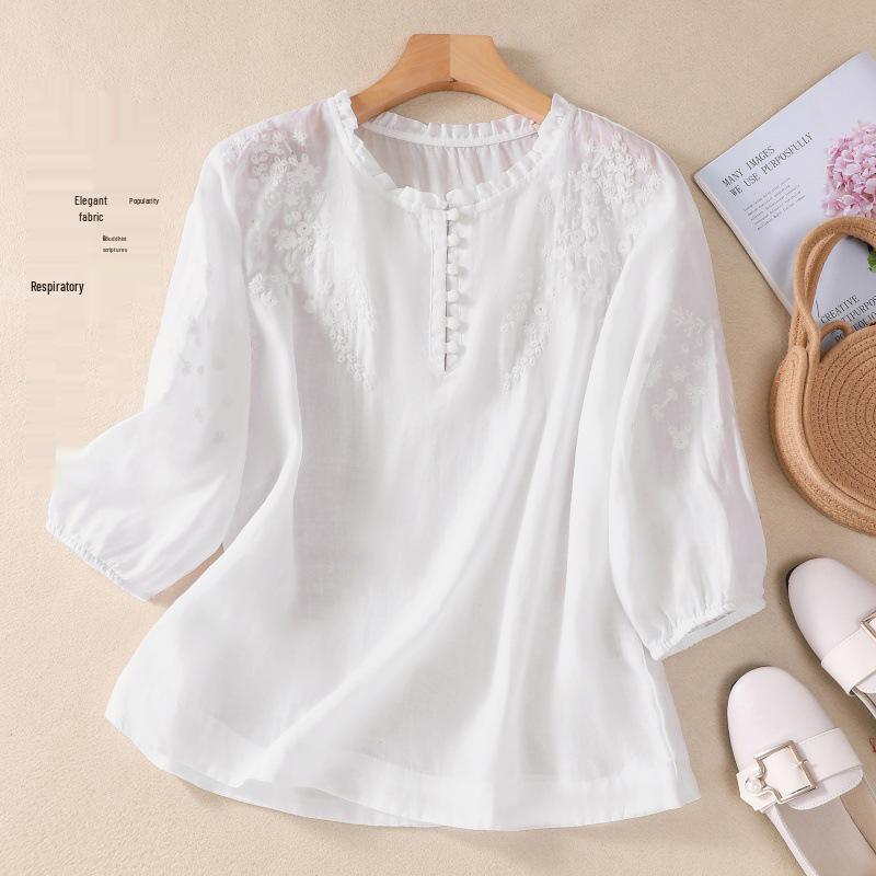 2025 Summer Artistic V-Neck Embroidered Floral Women's Shirt with Five-Point Sleeves