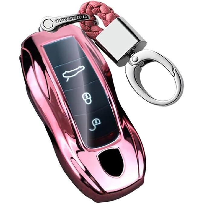 HIBEYO TPU Car Key Fob Cover with Keychain Fits for Porsche Macan Cayenne Panamera Boxster Cayman Carrera Turbo 718 911 918 Car Key Case Cover Smart