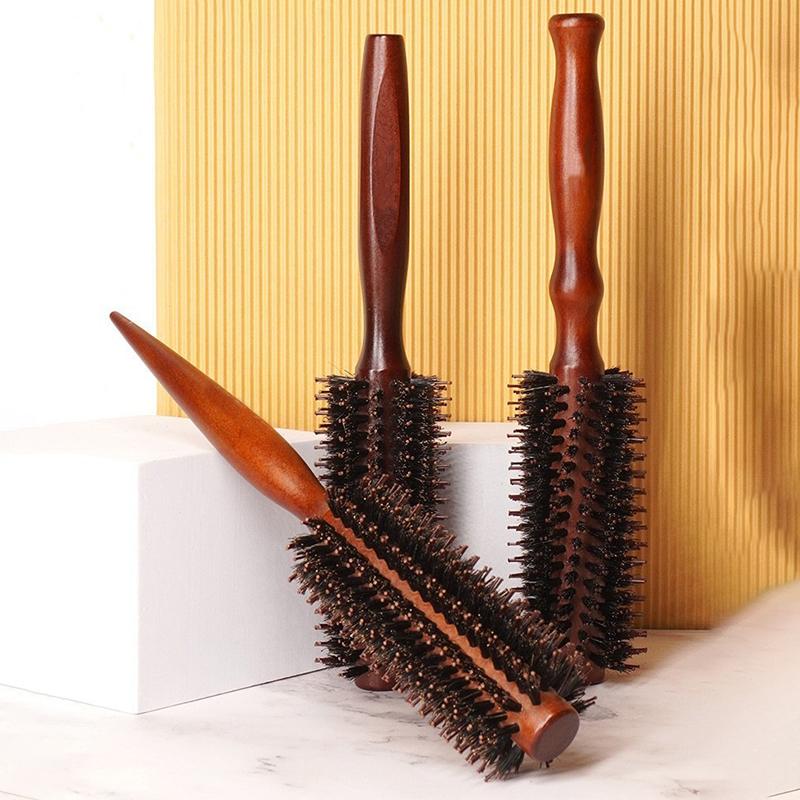 Natural Boar Bristle Hair Round Brush Wood Handle Round Barrel Hair Comb Hair Roller Brush Hairdressing Styling Tools