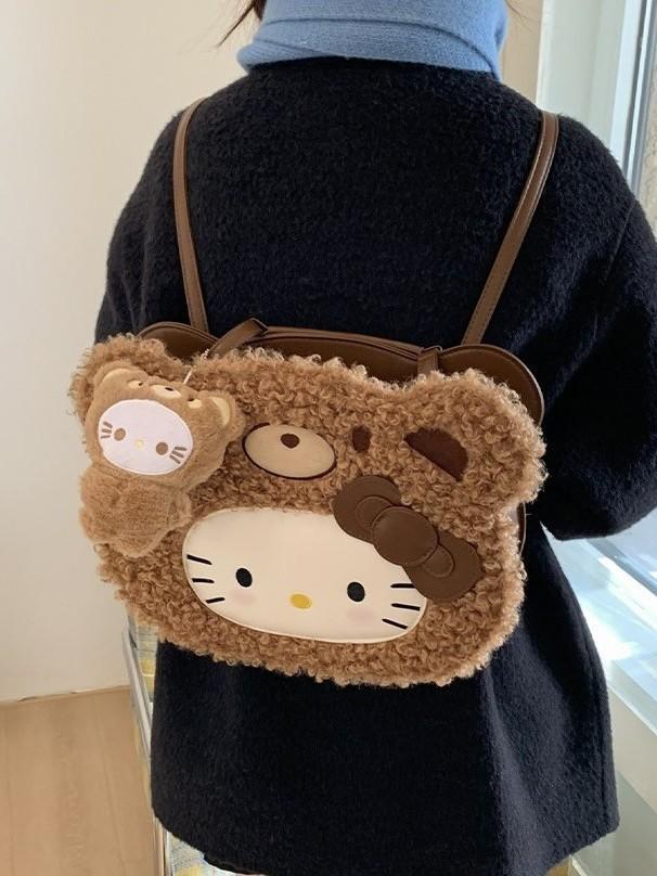 Hello Kitty Cartoon Plush Faux Leather Backpack For Daily Use And Storage