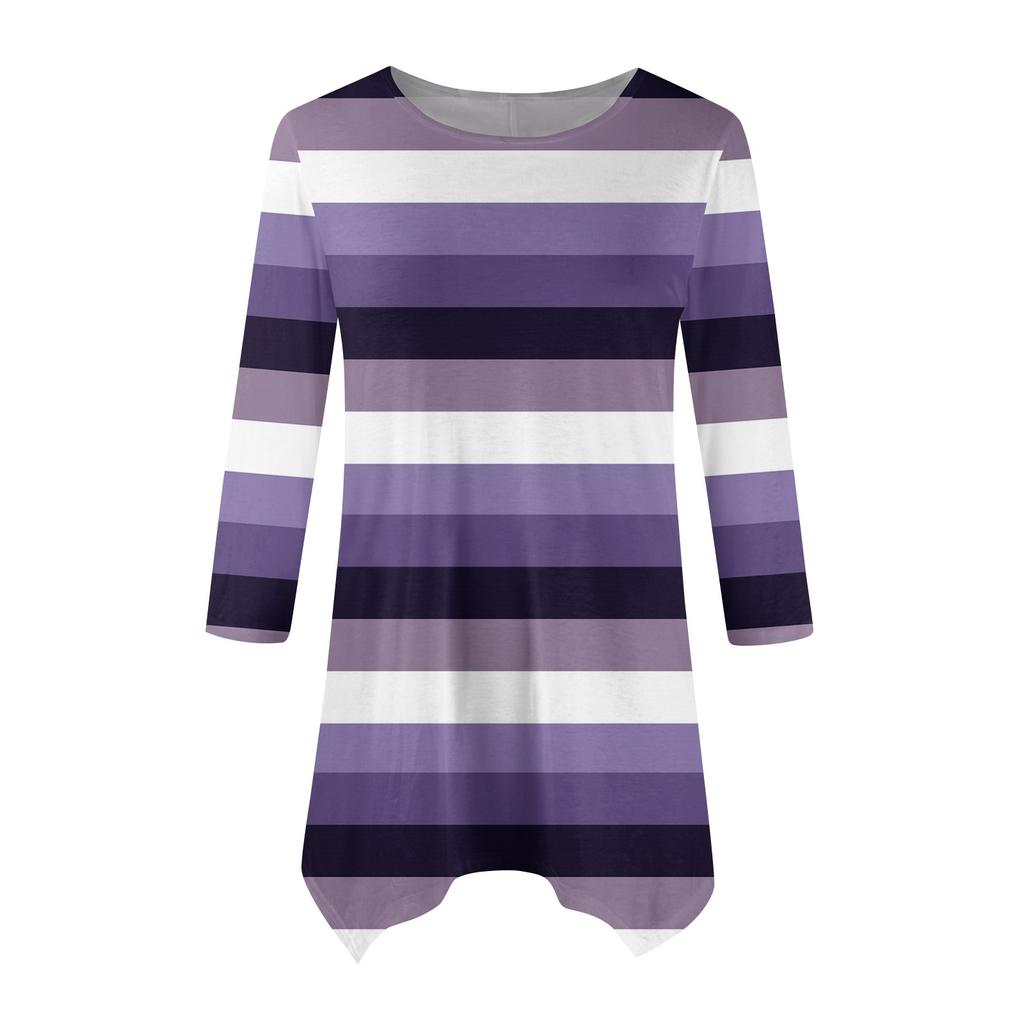 Women's Fashion Casual Round Neck Striped Printed Seven-point Sleeve Shirt Belted Loose Comfortable Top