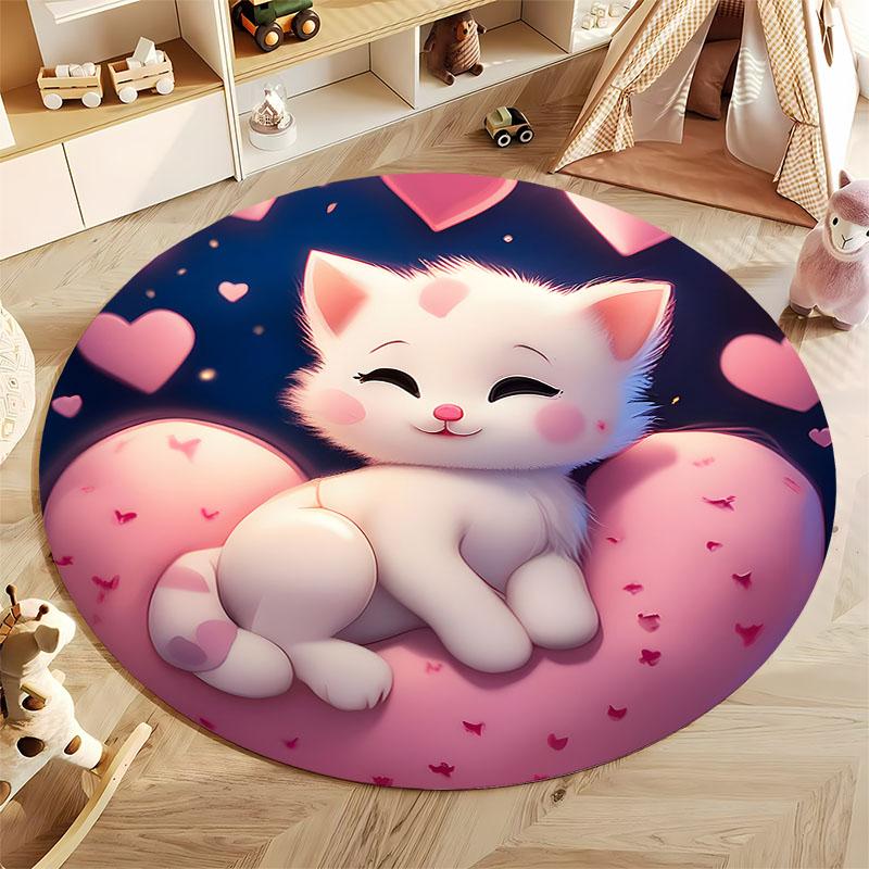 Charming Cat and Hearts Rug for Nursery Room round carpet for home sofa bedroom, gift