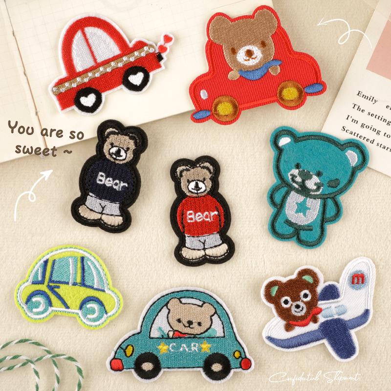 Cartoon Car Bear Embroidery Patch - Self-Adhesive Fabric Label for Clothing Accessories