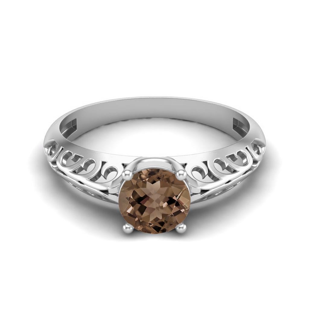 0.85 Ctw Round Smoky Quartz 925 Sterling Silver Solitaire Filigree Women Promise Ring