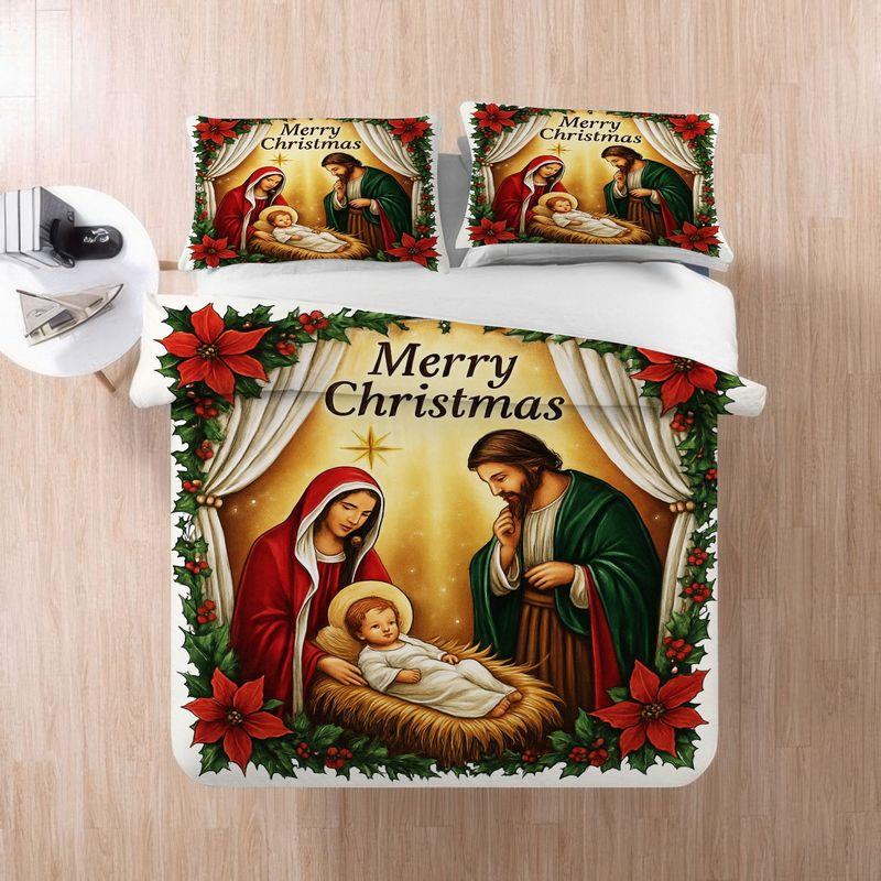 3pcs Nativity Scene Christmas Bedding Holy Family Jesus Mary Joseph Design Duvet Cover Religious Holiday Bedroom Decoration