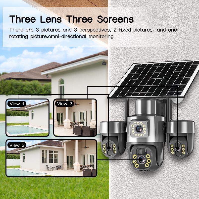 V380PRO 9MP 3-Lens Solar-Powered Camera with 3-Axis Gimbal and Night Vision
