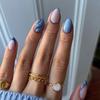24Pcs Blue French Short Almond Fake Nails With Gold Star Wave Design Press On Manicure Tips