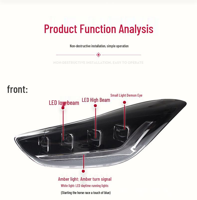Hyundai Elantra 2012-2017 LED Headlight Assembly with Daytime Running Light, Devil Eye, Sequential Turn Signal
