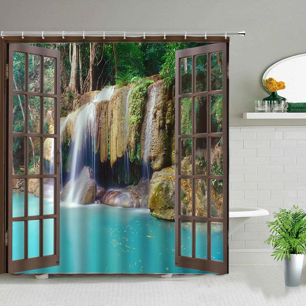 Park Garden Tree Flower Pond Nature Landscape Shower Curtain Bathroom Polyester Waterproof Fabric Curtains Home Bathtub Decor