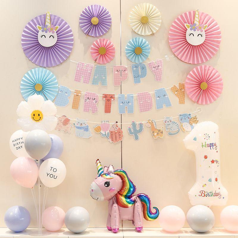 Kindergeburtstagsbanner-Set, Mädchen Einhorn-Ballon, Dekoration für die Szene der ersten Geburtstagsfeier, Hintergrundwand-Zubehör