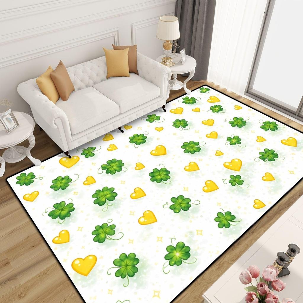 St Patricks Day Clover Rug Irish Green Geometric Print Shamrock Leaf Decor Carpet Soft Non-Slip Living Room Holiday Floor Mat