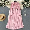 Vintage Spring Autumn Women Dress French Turn-down Collar Full Sleeve Solid Color A-line Female Long Shirt Dresses