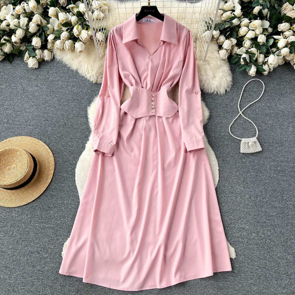 Vintage Spring Autumn Women Dress French Turn-down Collar Full Sleeve Solid Color A-line Female Long Shirt Dresses