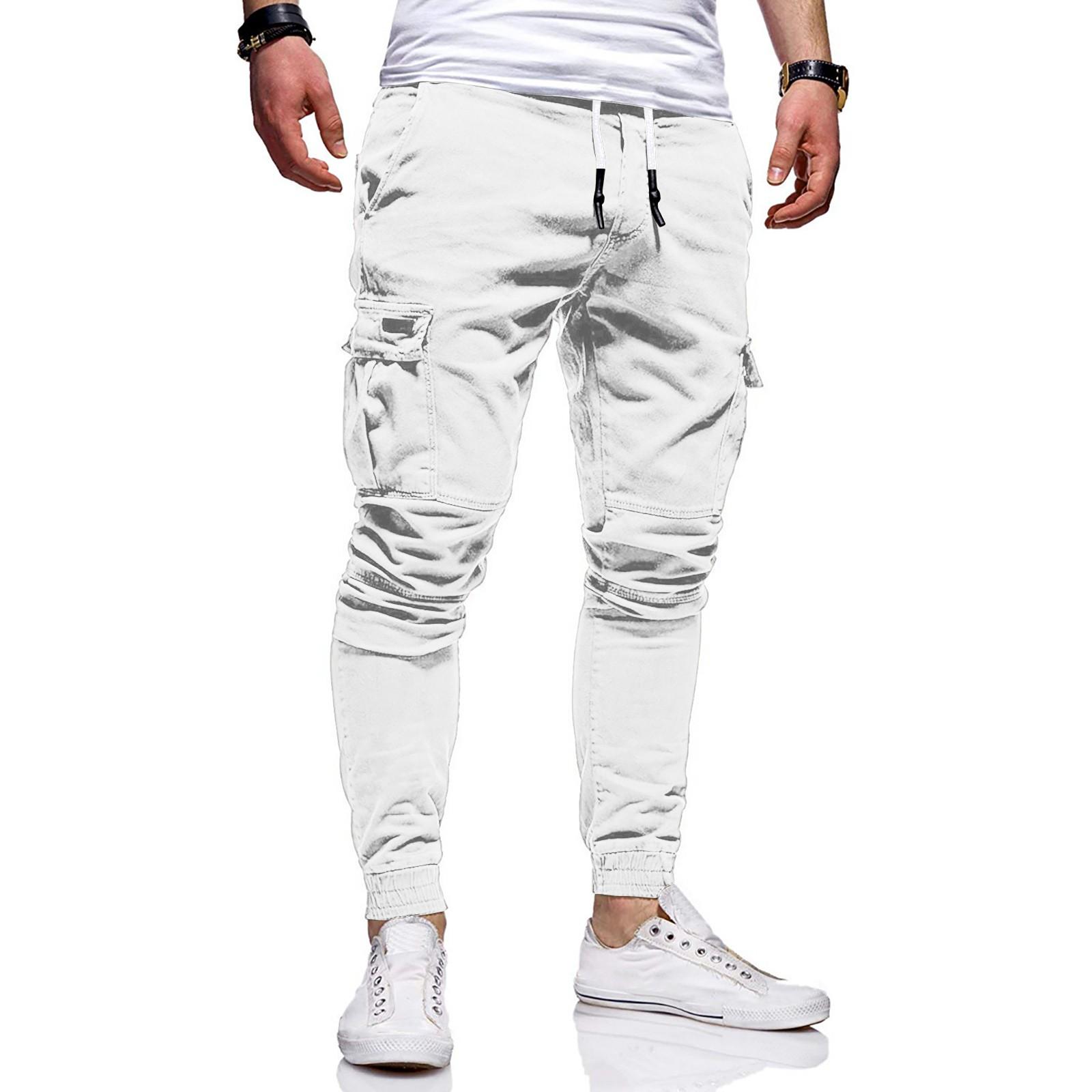 

Мужские свободные повседневные рабочие брюки с несколькими карманами, молодежные брюки на резинке и шнурке M белый