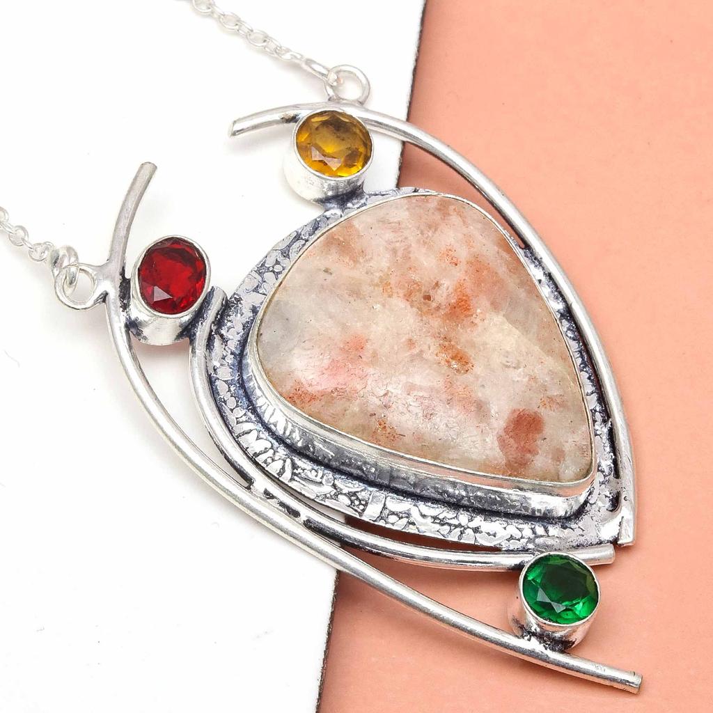 Sunstone Citrine Gemstone Mother's Day Antique Silver Jewelry Necklace 20 In