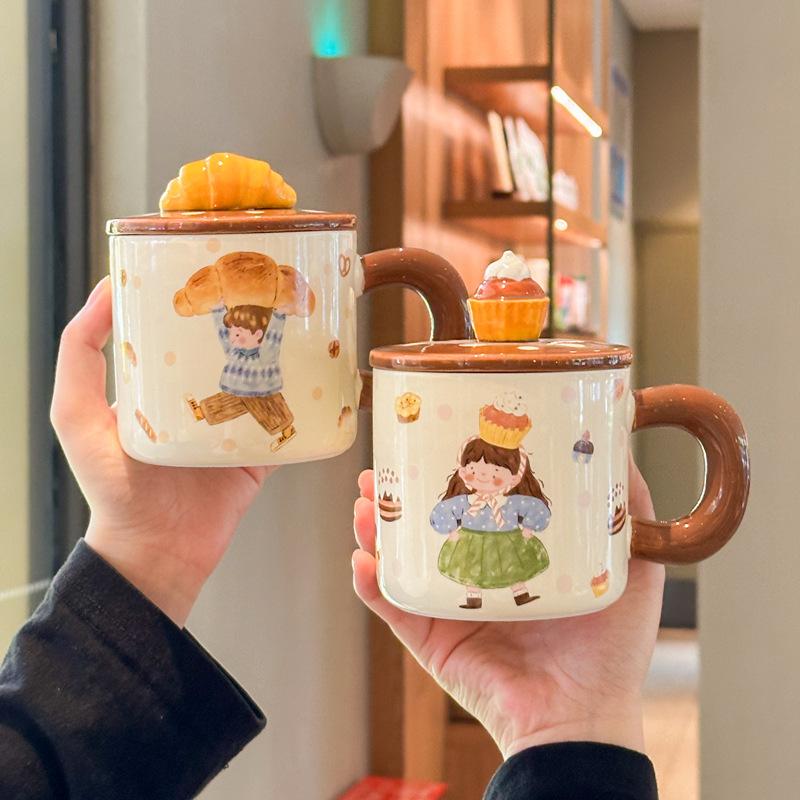 Cute milk fufu cake girl mug retro ceramic cup with lid girl birthday gift girlfriend souvenir