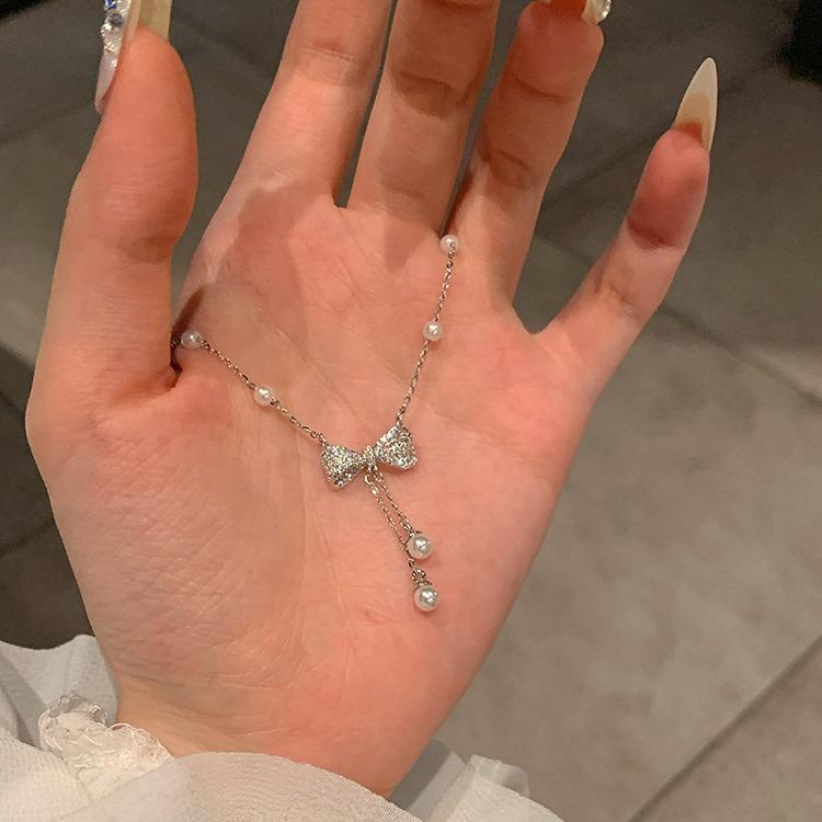 

Pearl Bow Tassel Necklace Women s Light Luxury Niche Premium Sense Clavicle Chain Neck Chain Korean Spice Girls Accessories