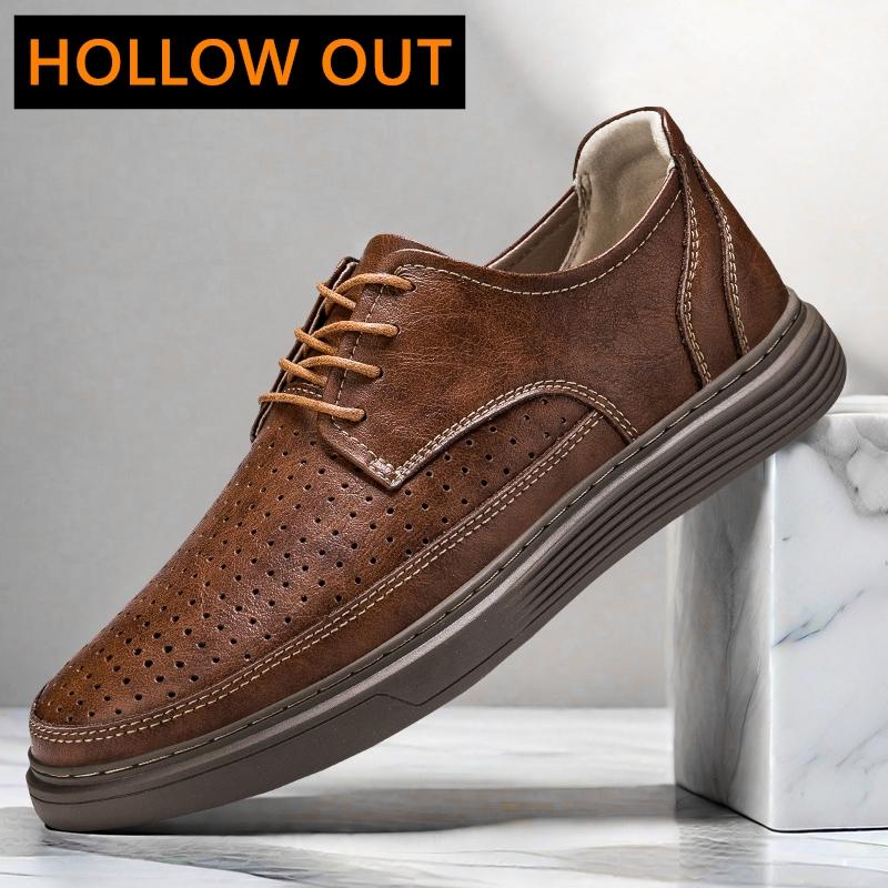 4.5cm Men's Height Increase Leather Loafers Lift Leather Breathable Comfortable Elevator Casual Shoes Hollow Out & All-Season