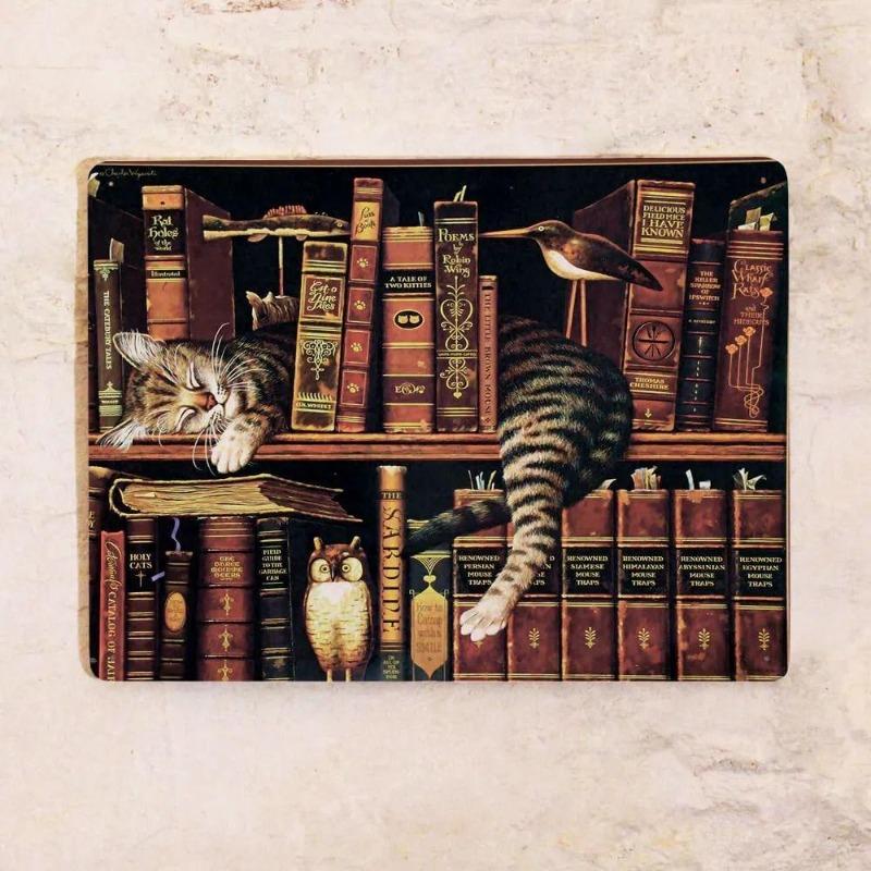 Cats by the Fireplace Metal Sign 20x30cm, Vintage Cozy Wall Art Decor