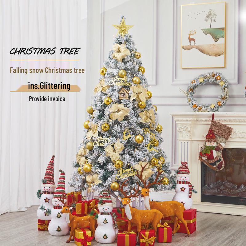 Golden Christmas Tree Set with Ornaments: 1.5m, 1.8m, 2.1m Flocked Pine with White Snow