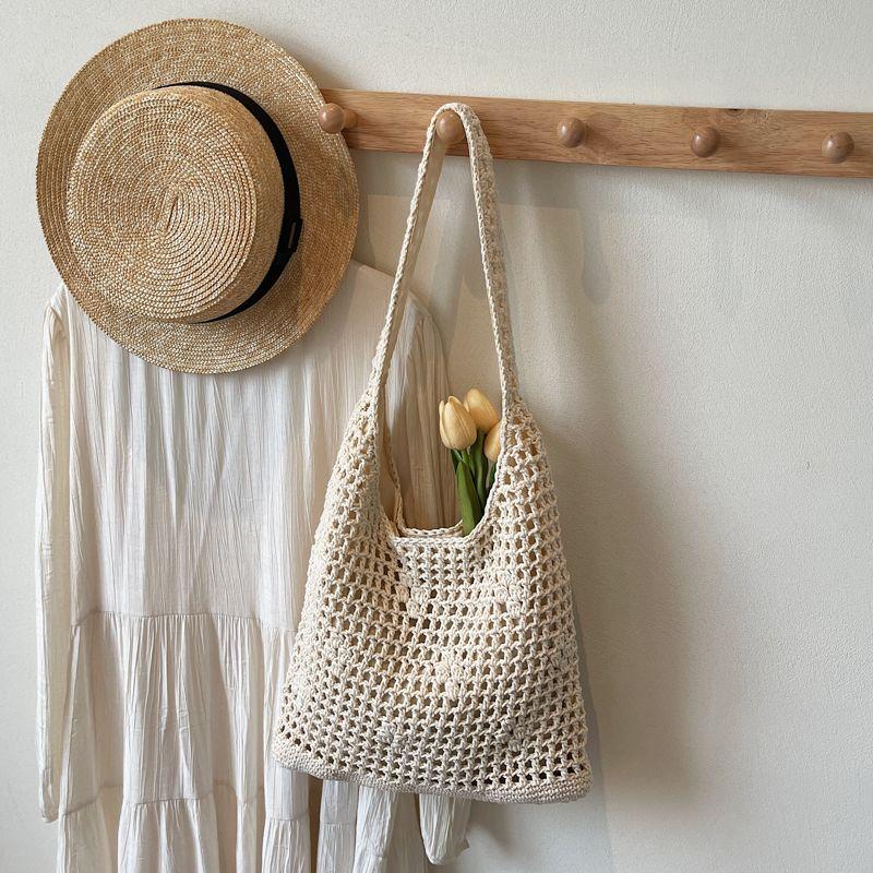 

Handmade Woven Bag for Women 2025 New Popular Idle Style Shoulder Bag Large Capacity Hollow out Vacation Tote Bag Rice White