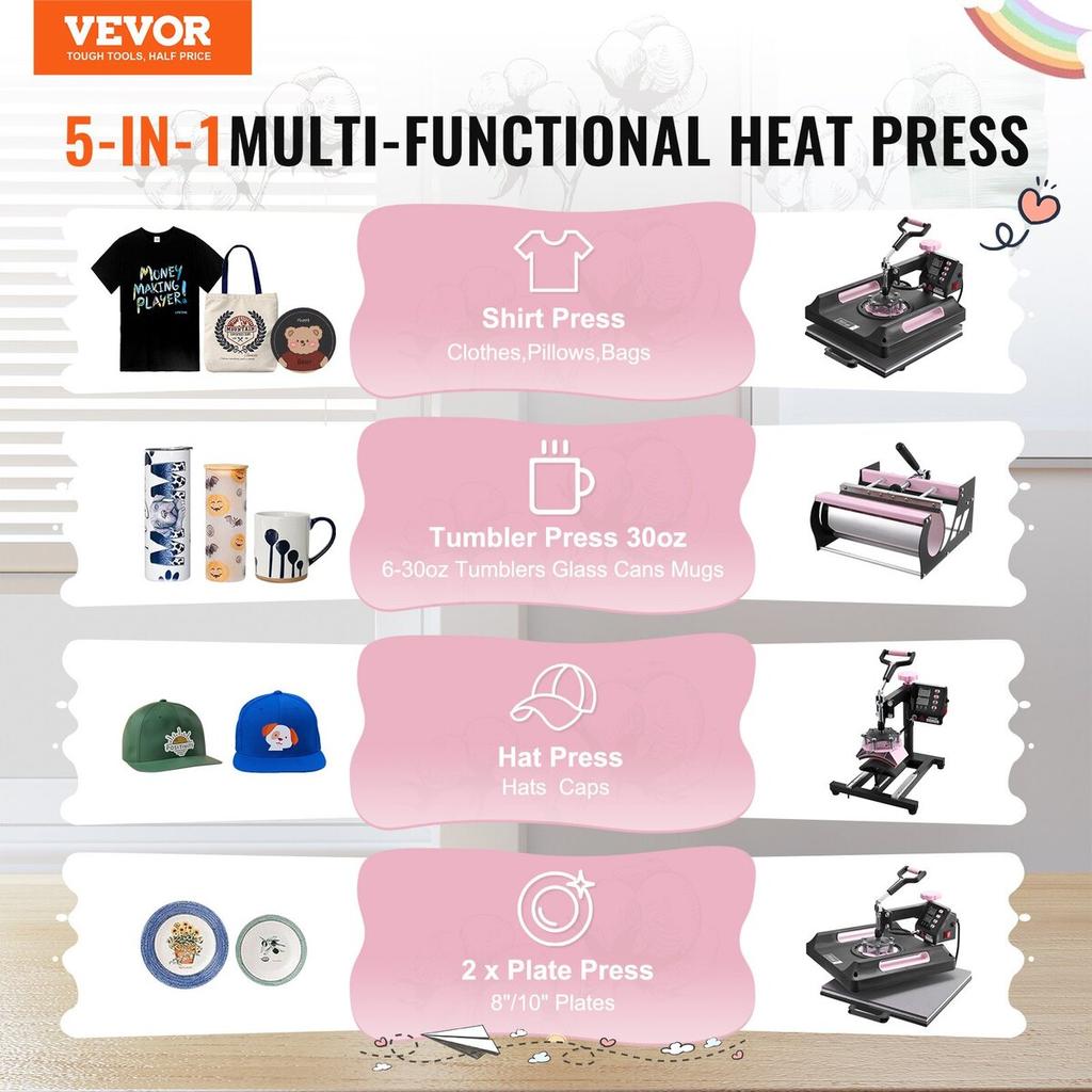 8 in 1 Heat Press Machine 15x15 in 30oz Tumbler Press T-Shirts Black