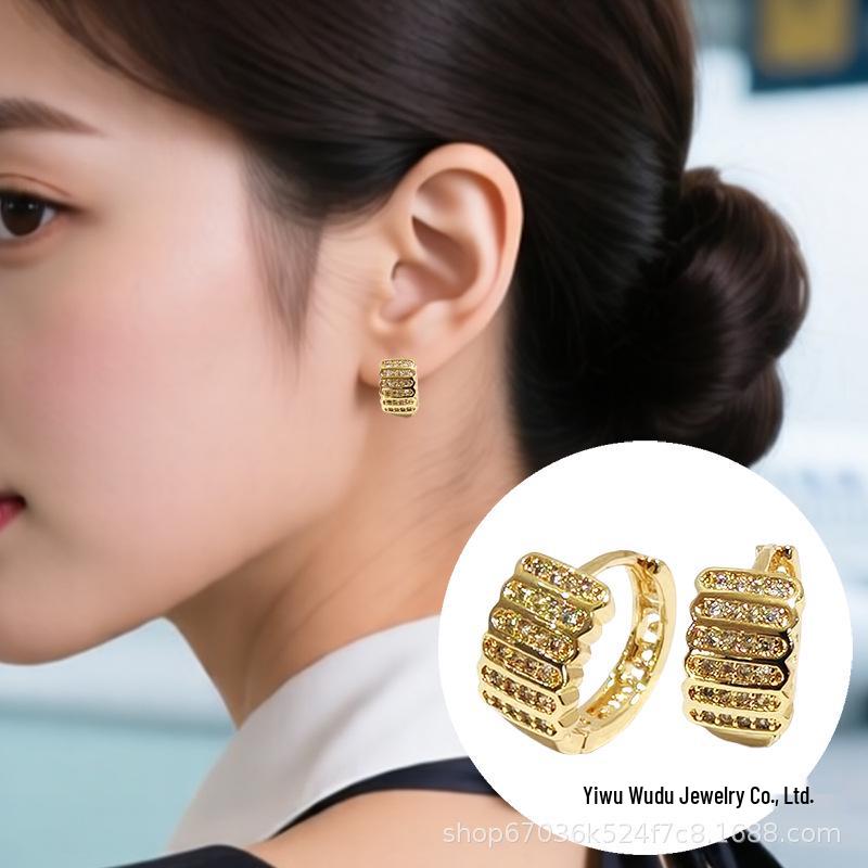 Rhinestone Copper Gold-Plated C-Shaped Earrings for Women - European American Fashion Jewelry Copper with Zirconia
