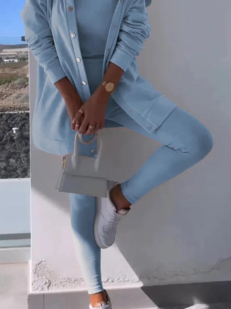 Spring New Women's Casual Hooded Sweatshirt & Slim Fit Ribbed Pants Set - 3 Pieces