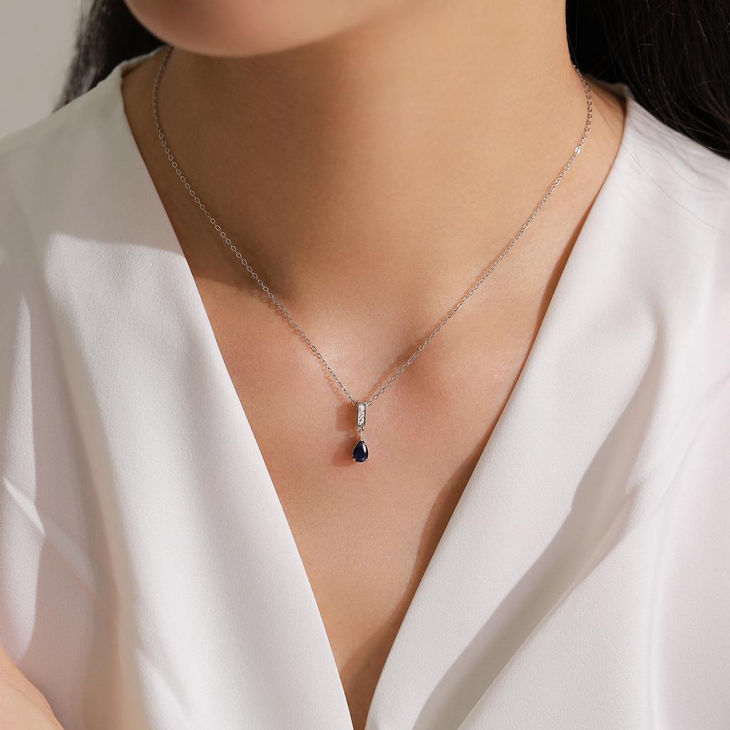 Rhodium Plated Women's Trendy Link Chain S925 Sterling Silver Sapphire Blue Water Drop Zircon Pendant Necklace