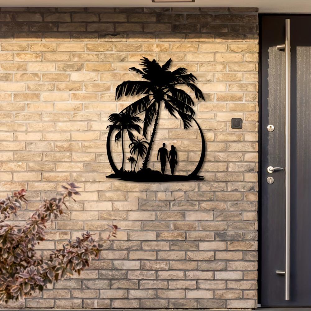 Palm Tree Beach Couple Laser Cut Metal Wall Art, 12.5x15.7 Inch Iron Hanging for Living Room Bedroom Home Decor, Tropical Farmhouse Ornament