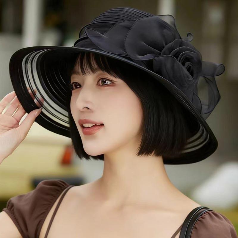 Women'S Retro Organza Fisherman Hat Big Brim Summer Sun Visor Breathable Lightweight French Style Hepburn Design