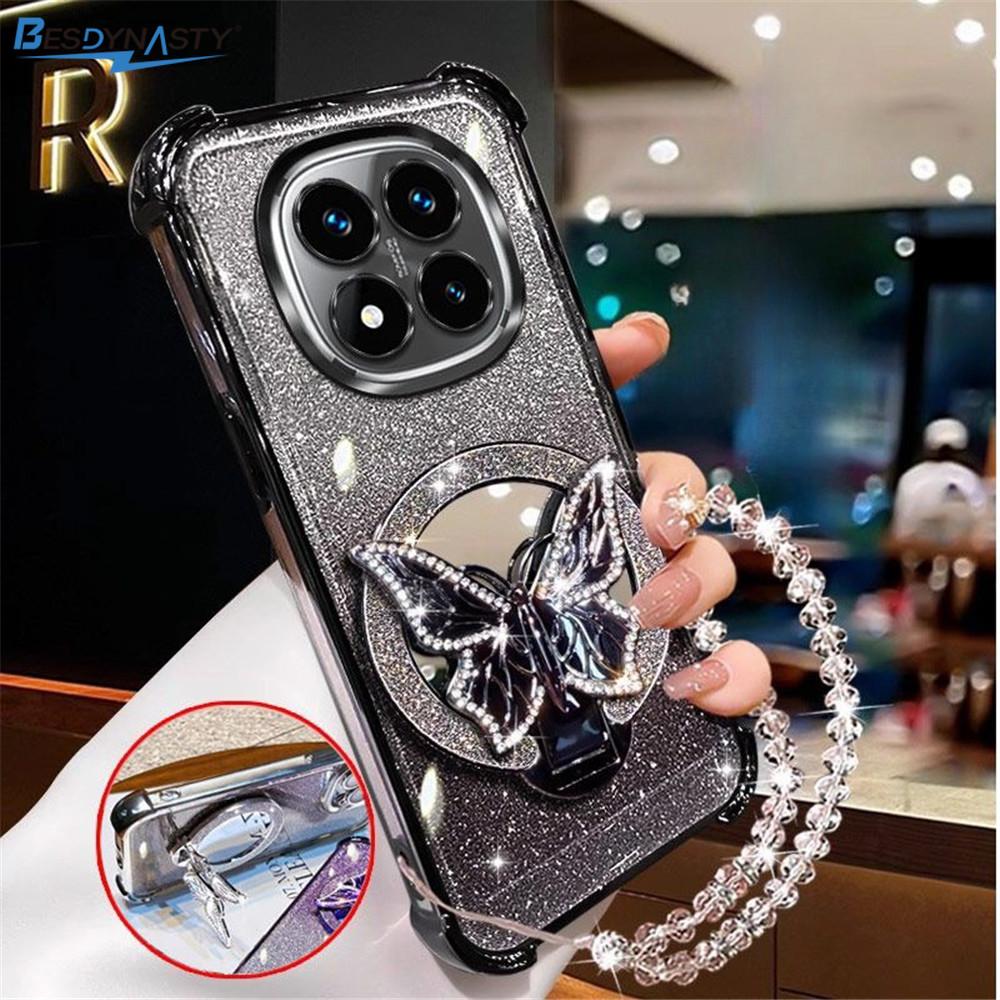 Crystal Bracelet Glitter Butterfly Mirror Stand Case For Xiaomi Poco X7 X6 X5 X3 Pro F7 M8 M6 F6 POCO C65 C75 Shockproof Cover