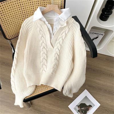 Autumn and Winter Women's Clothes Retro Design Pullovers Fake Two Sweaters Pullover
