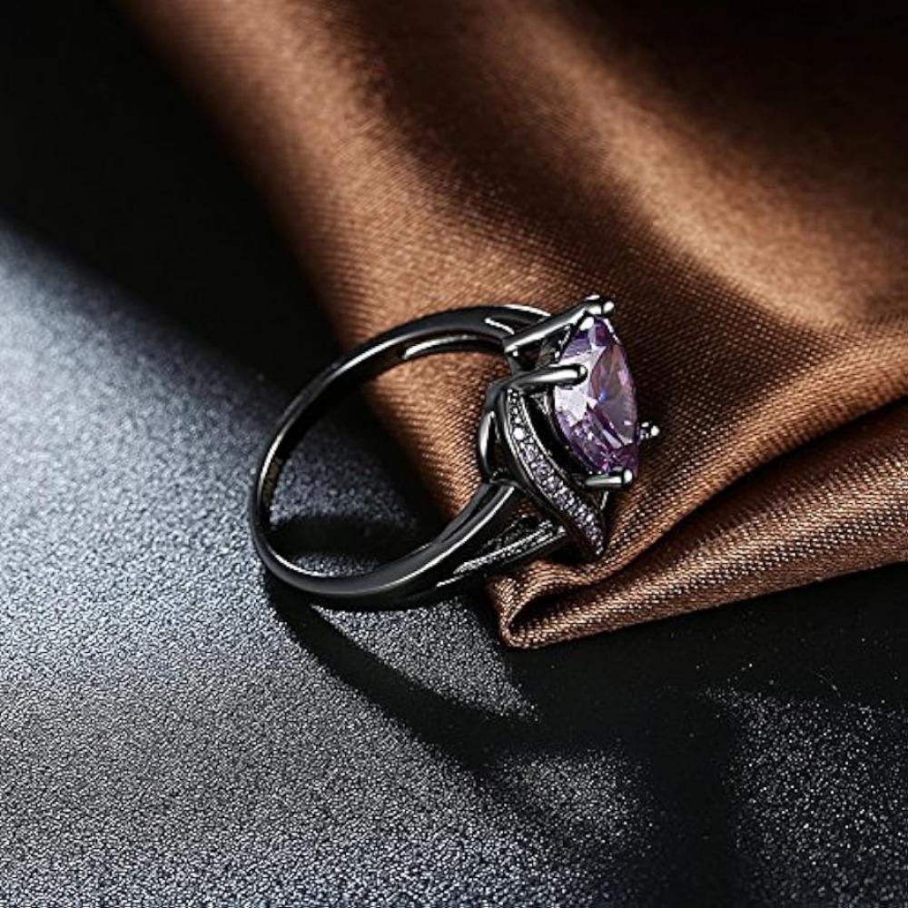 Romantic 18K Black Gold Plated Promise Band Ring Wedding Purple Heart Cubic Zirconia Rings for Women