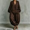1116 popular women's clothing casual elegant lazy wind V-neck cotton and linen lantern sleeve two-piece set