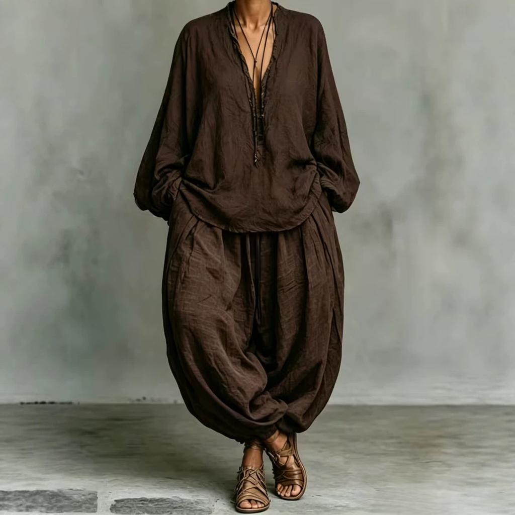 1116 popular women's clothing casual elegant lazy wind V-neck cotton and linen lantern sleeve two-piece set