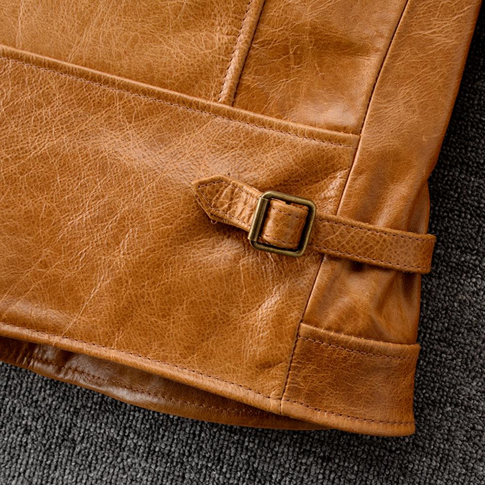 Natural Oil Waxed Cow Leather Jacket For Men Biker Clothes Yellow Soft Genuine Cowhide Coat Autumn