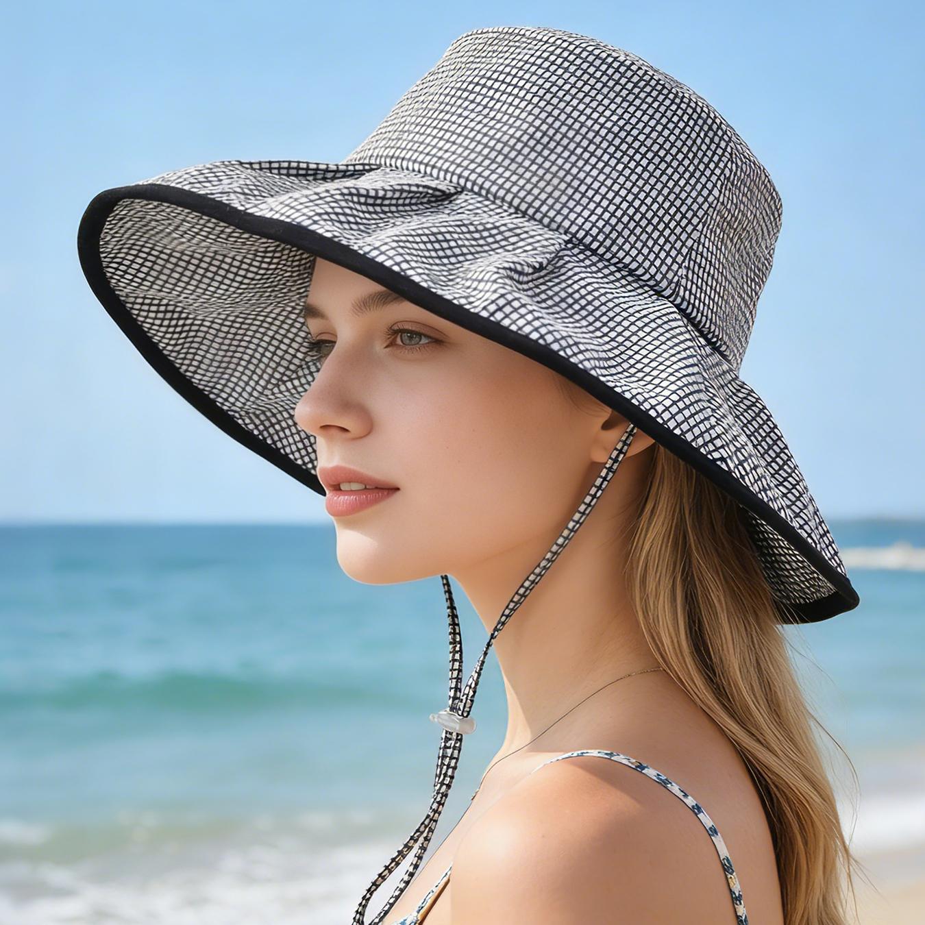 

Red Gingham Wide Brim Bucket Hat for Women, UV Protection Sun Hat with Adjustable Chin Strap, Foldable Beach & Gardening Cap 54-58cm чёрный