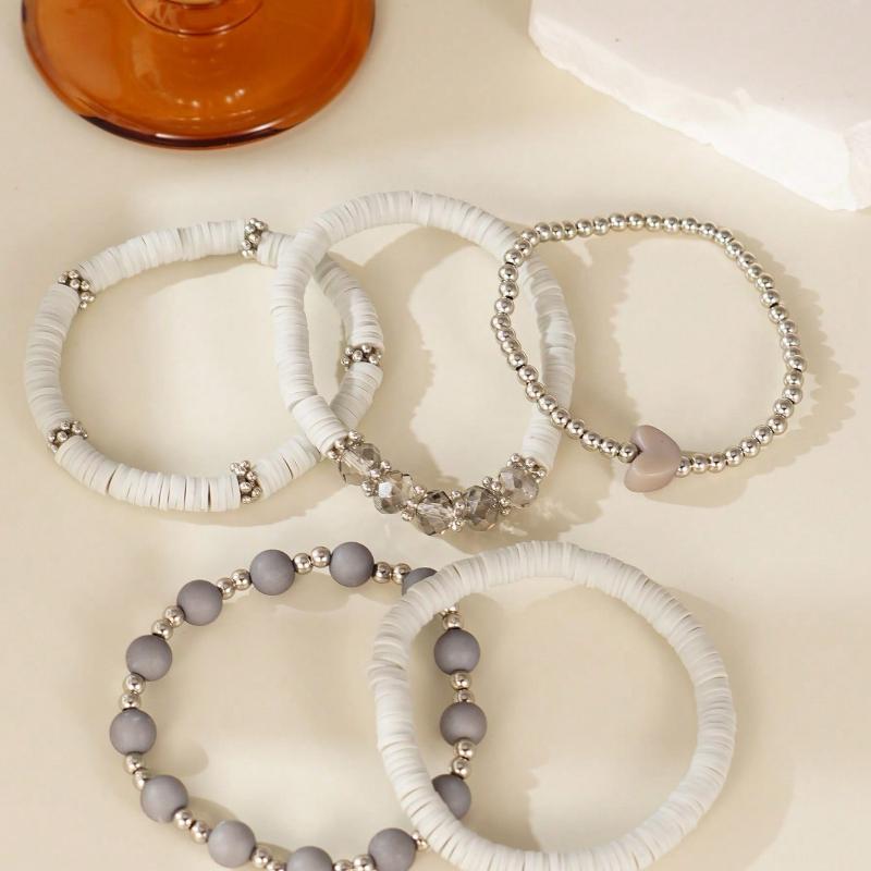 5pcs/Set Elegant Gray Soft Ceramic Heart Bead Multi-Layer Bracelet Set, Artificial Crystal Elastic Bracelet, Suitable for Ladies Daily Wear, Dating