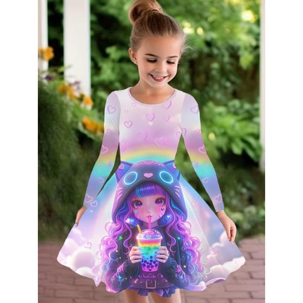 Mädchen Lässiges 3D-Blumenmuster Rundhals Langarmkleid Kinder Prinzessinnenkleid