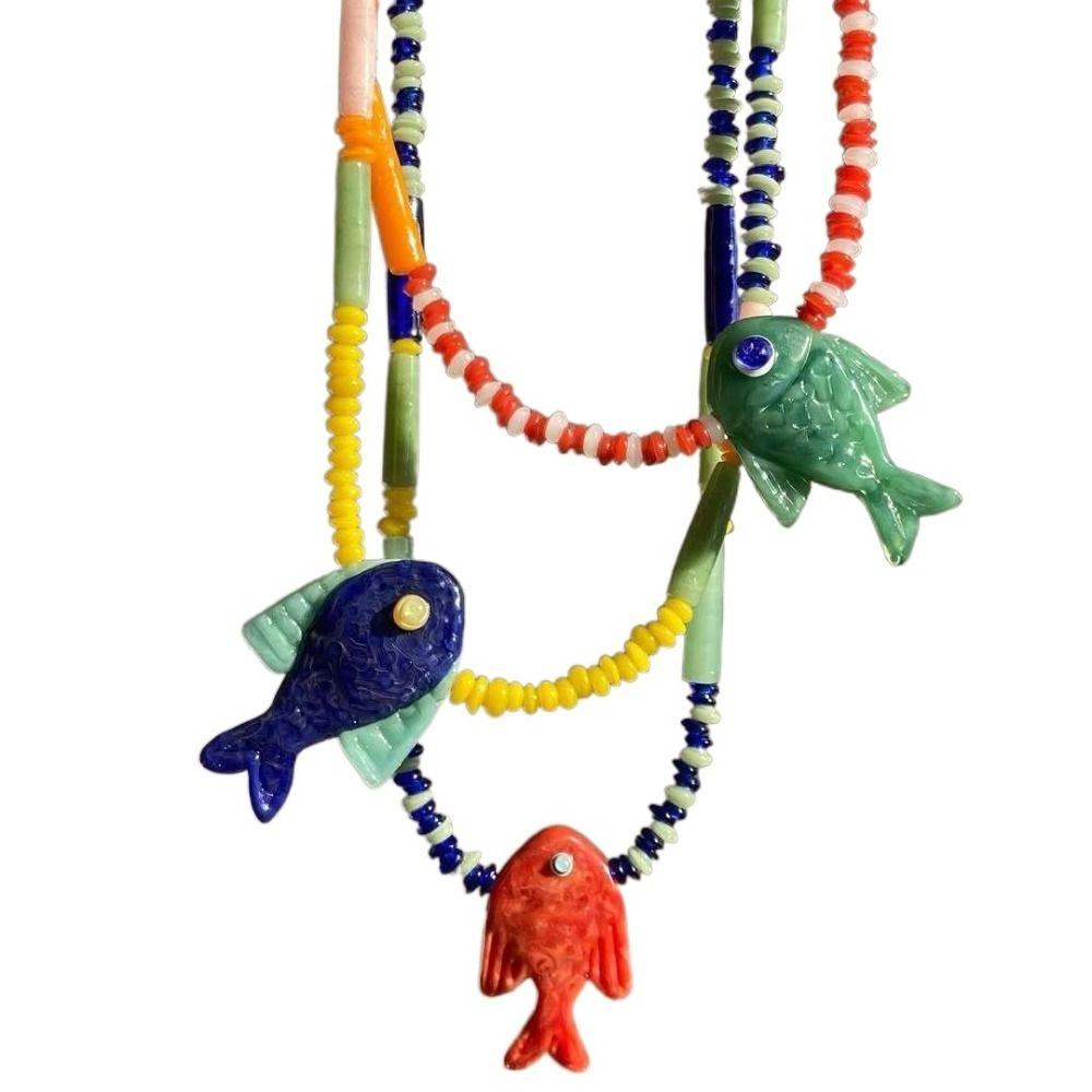 

Cute Design Glass Fish Pendant Boho Style Charm Jewelry New Beaded Chain Necklace червоний