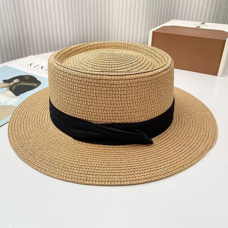 Bow Burr Edge Flat Top Straw Hat Women's Summer Seaside Beach Vacation Japanese Hawaiian Sun Woven Visor
