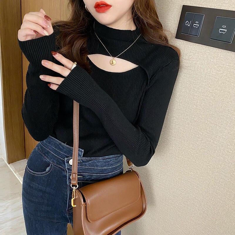 2022 Autumn Winter New Women Fashion Hollow Out High Neck Solid ColorLong Sleeve KnitSweater For Ladies Slim Knitted Pullovers