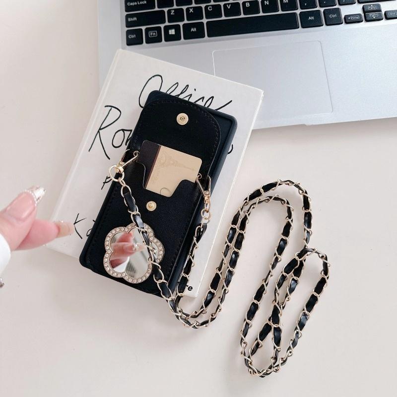 Mirror Wallet Case for Samsung Galaxy S25 Ultra S21 S22 S23 FE S24 Plus A17 Strap Card Slot Crossbody Lanyard Cord Flower Cover