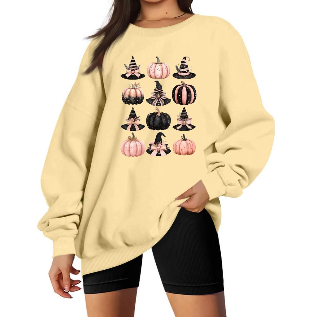 Women's Long Sleeve Neck Sweatshirt Loose Fit Casual Pullover Top with Small Halloween Print