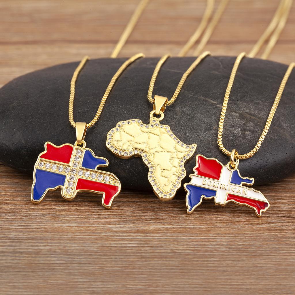 Nidin Hot Sale Dominican Flag African Continent Map Pendant Necklace For Women Men Copper Zircon Charm Jewelry Fashionable Gifts