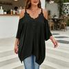 Women Blouse V-Neck 3/4 Sleeves Off Shoulder Straps Pullover Tops Asymmetric Lace Splicing Pure Color Mid-length Summer Tops
