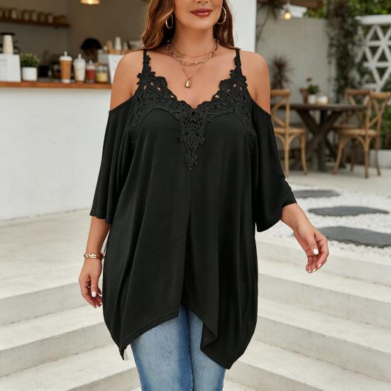 Women Blouse V-Neck 3/4 Sleeves Off Shoulder Straps Pullover Tops Asymmetric Lace Splicing Pure Color Mid-length Summer Tops